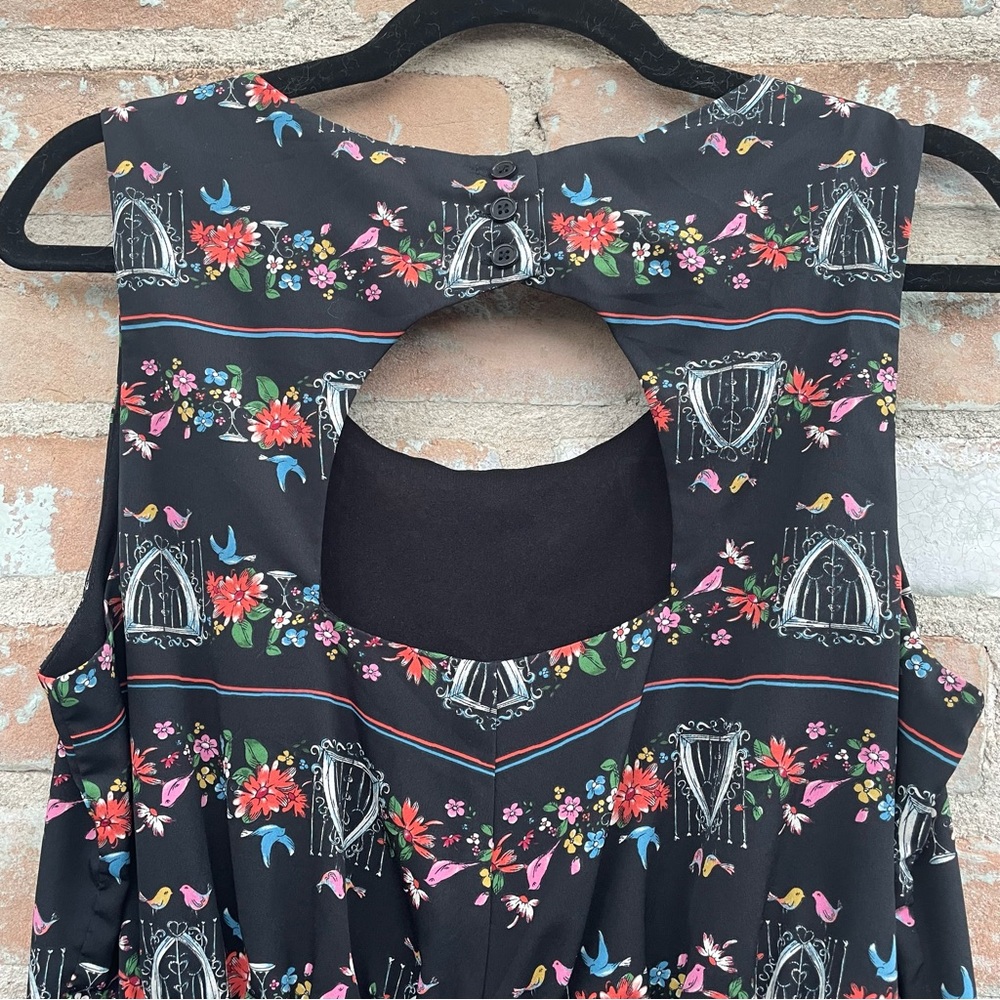 Three Ena Dress Black Twee Bird Floral Print Stretch Shift Dress Modcloth - Picture 10 of 11